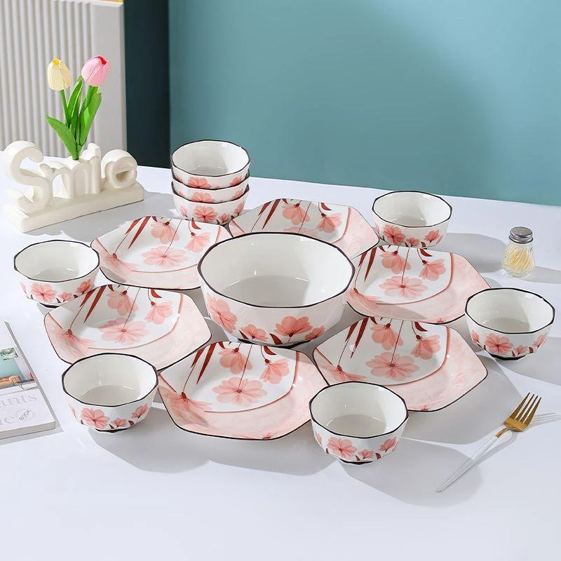 新疆西藏包邮15件套花语时光陶瓷六角碗盘组合餐具套装清新组合装