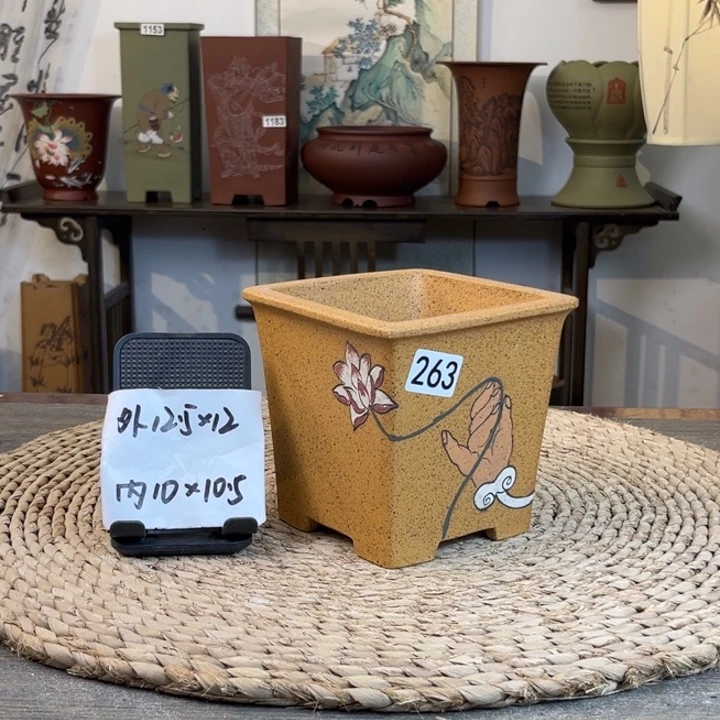 紫砂花盆 放漏柴烧彩绘四方263