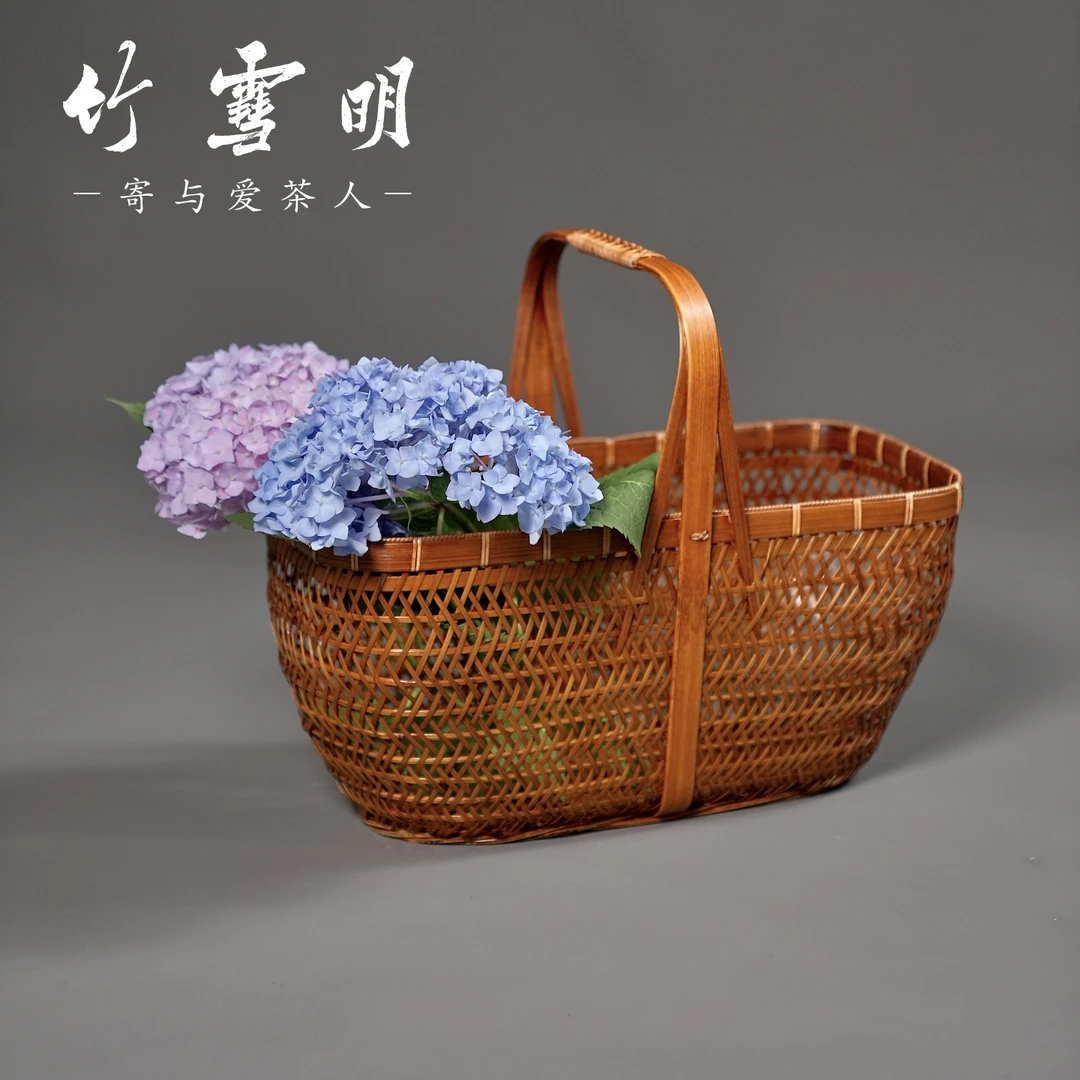 竹雪明|大漆竹编篮子茶室手提篮竹篮采茶篮水果蔬菜篮收纳筐篮子