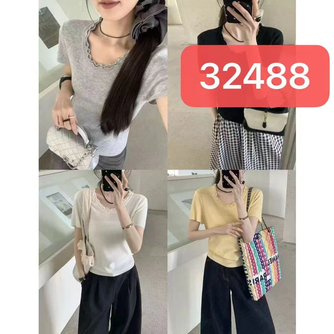 no换no退 韩系甜美双层木耳边设计感针织短袖32488 衣长52