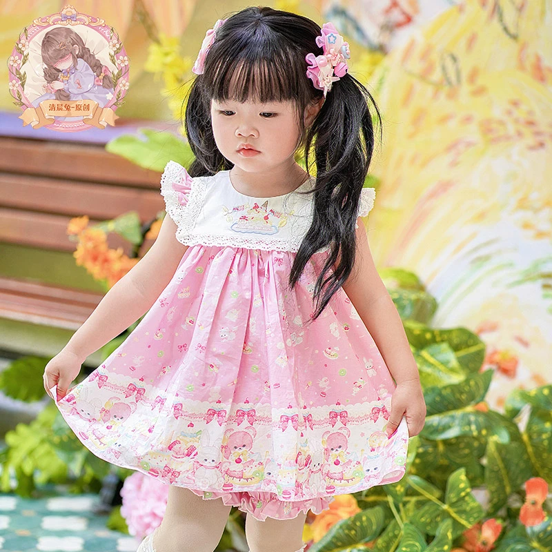 蛋糕lolita印花无袖飞袖纯棉印花连衣裙夏单层A类儿童公主裙