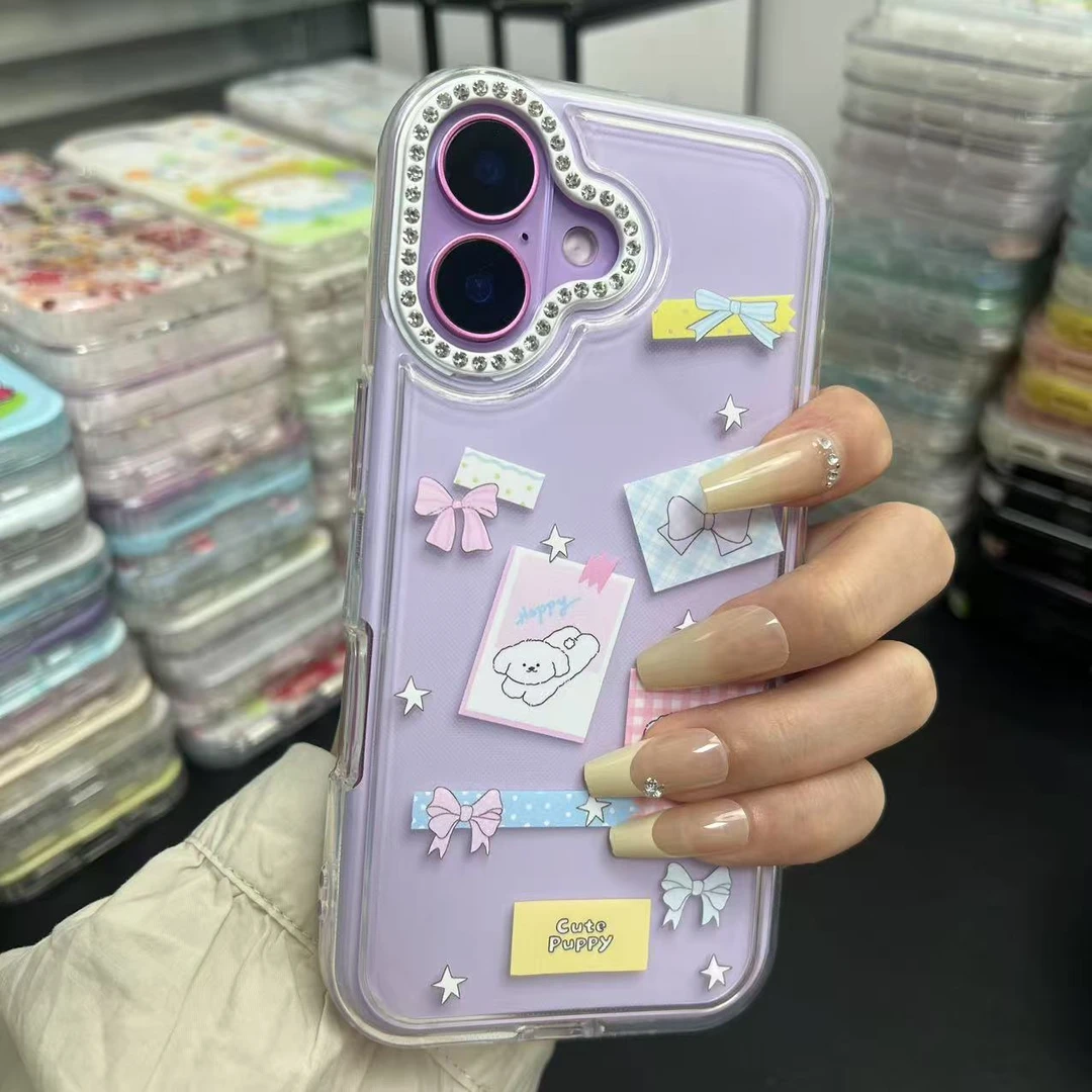 唯美紫色蝴蝶结狗狗插画适用iPhone16pro手机壳14小众13p水钻镜头