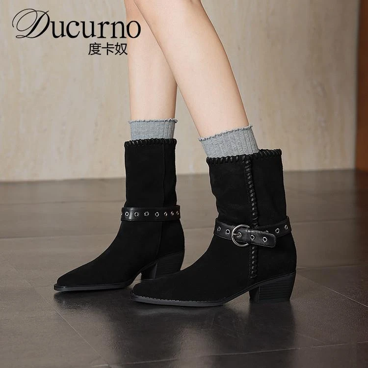 DUCURNO法式舒适方头皮带扣套筒西部靴女粗跟百搭小短靴显瘦单靴