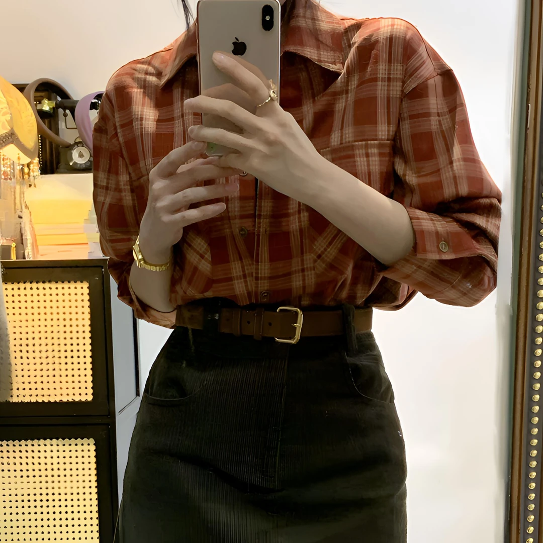 满满 秋款复古红色格子纹衬衫港风宽松显瘦通勤新款气质长袖女