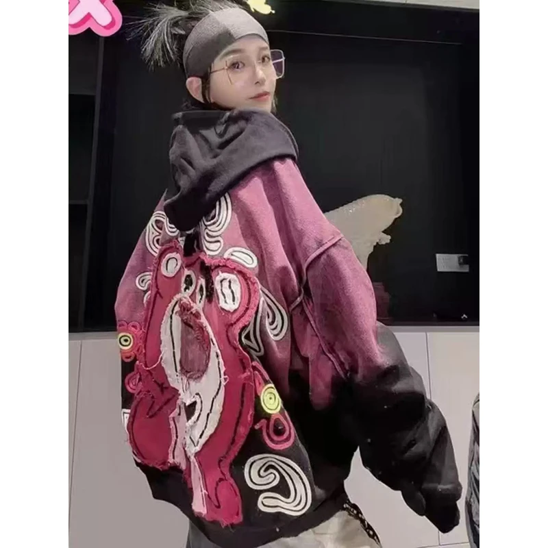 MX欧货春季新款宽松中长大版卡通重工连帽渐变潮品卫衣外套81322
