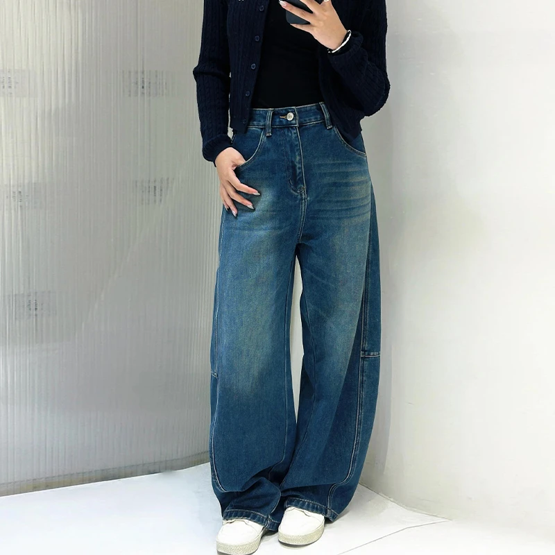 高腰阔腿微弯刀牛仔裤女2025秋季新款小个子梨型身材水洗百搭裤子