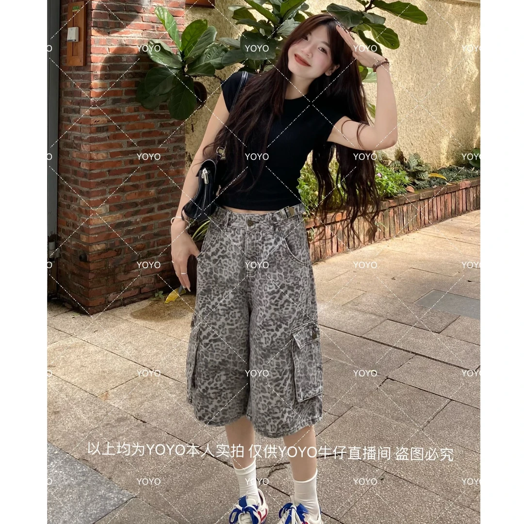 YOYO自制【豹纹七分裤】夏季新款宽松设计感复古豹纹工装七分裤