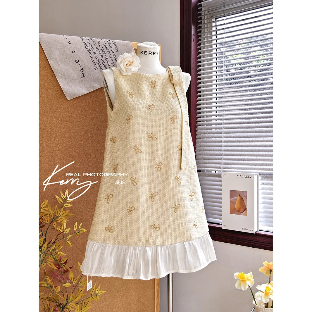 Kerry 小香风蝴蝶结飘带宽松黄色连衣裙miu系千金无袖娃娃裙女夏
