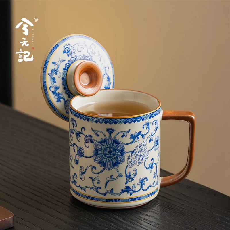 兮元记青花汝窑陶瓷马克杯带盖家用水杯办公室茶杯中式杯子礼盒装