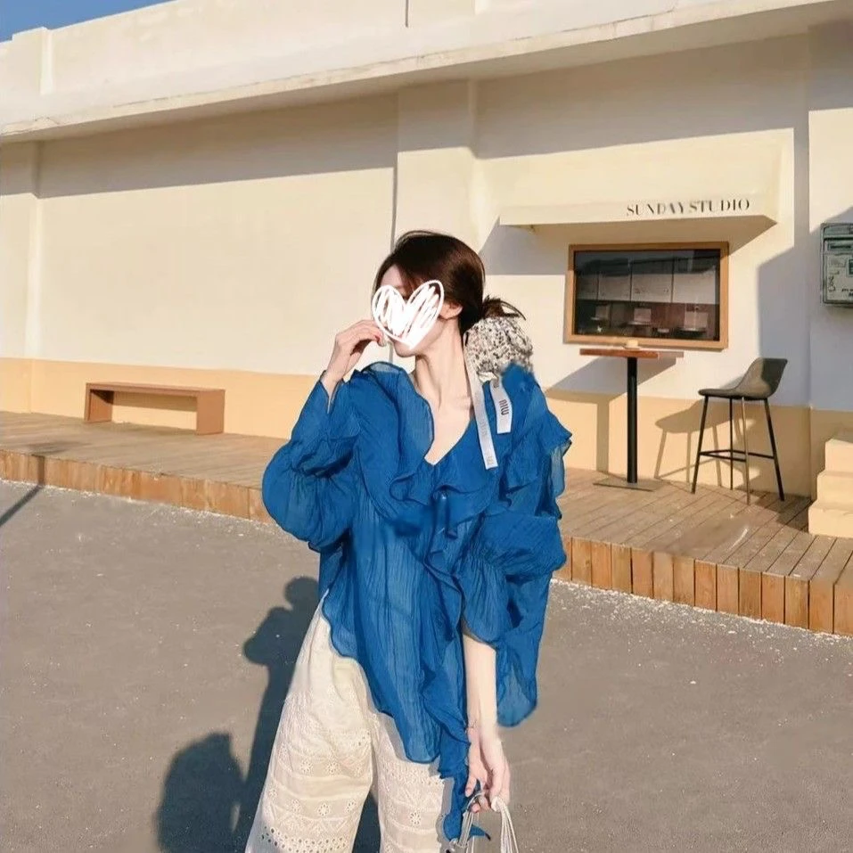 墨墨家：大码荷叶边韩版气质减龄衬衫女2025夏新款设计感上衣女