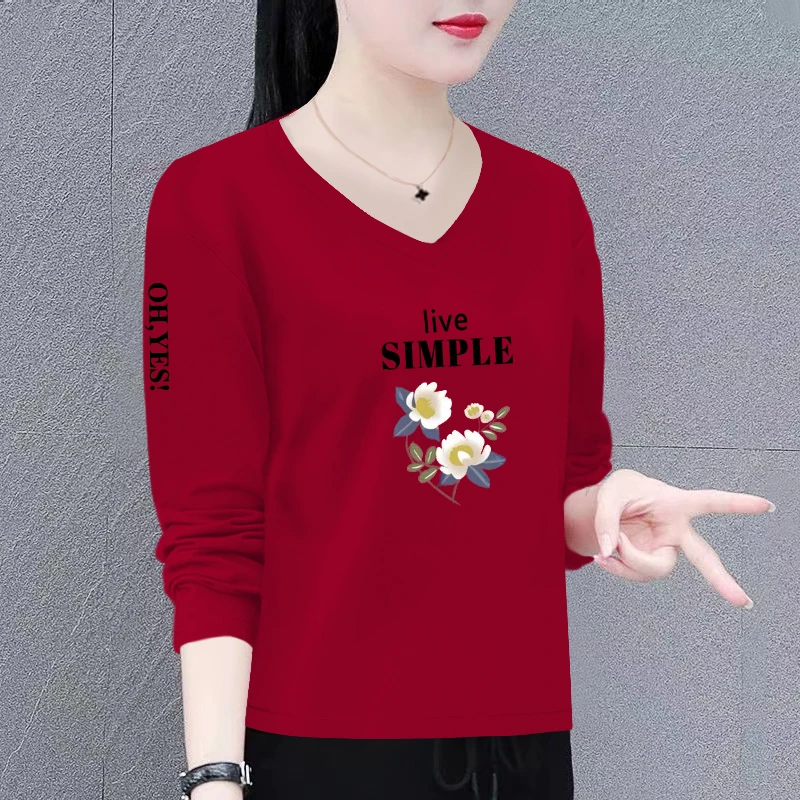 纯棉长袖T恤女装春秋新款休闲百V领t恤女显瘦妈妈装洋气上衣女