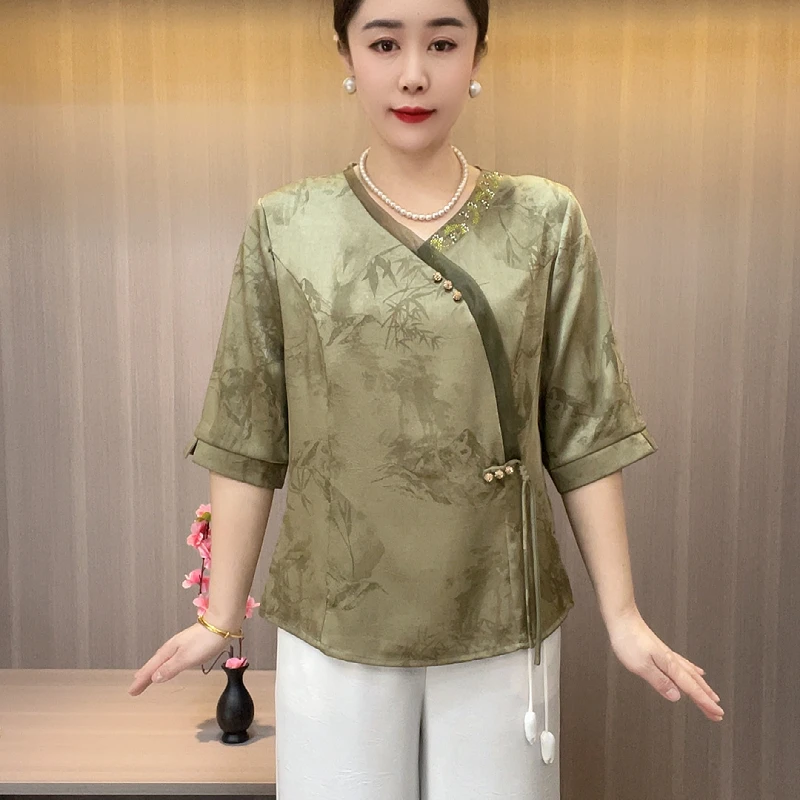 8588夏季新款烫钻中袖中老年T恤女装上衣清凉透气时髦加大妈妈装