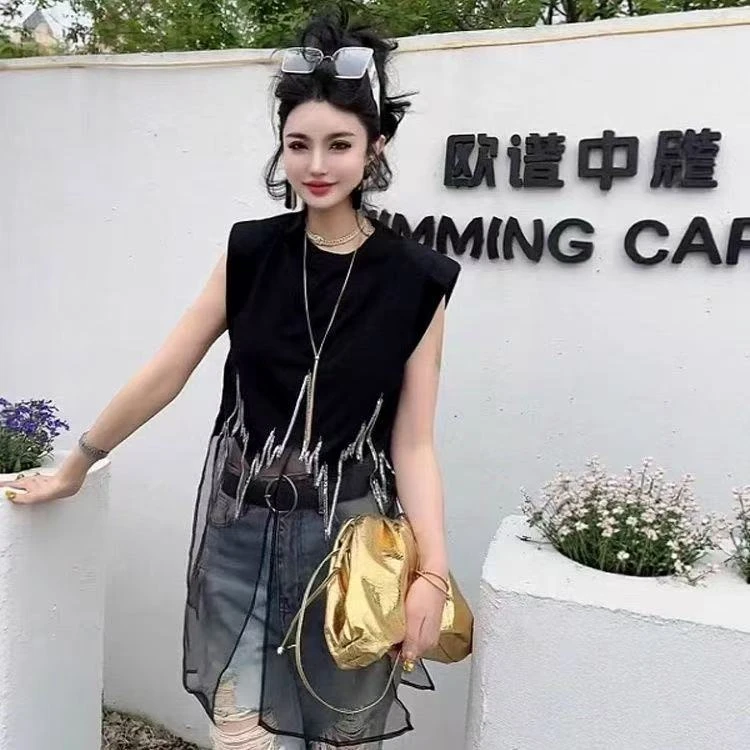 （大美）夏季新款时尚高级感银丝拼接上衣k8133