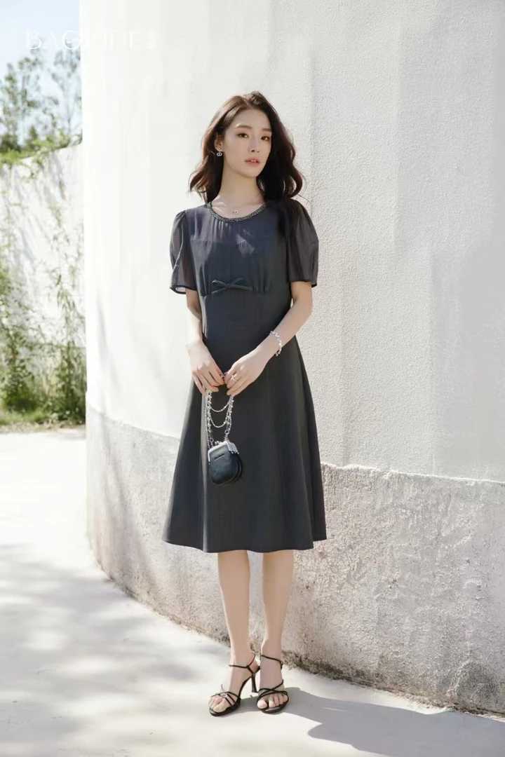 夏季新款法式优雅小飞袖收腰气质薄款连衣裙