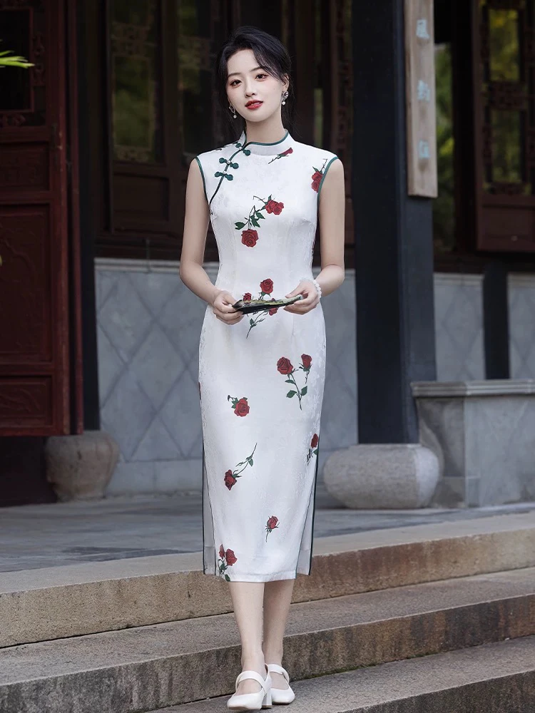 立领印花花色长裙日常长旗袍旗袍白色中国风御姐风