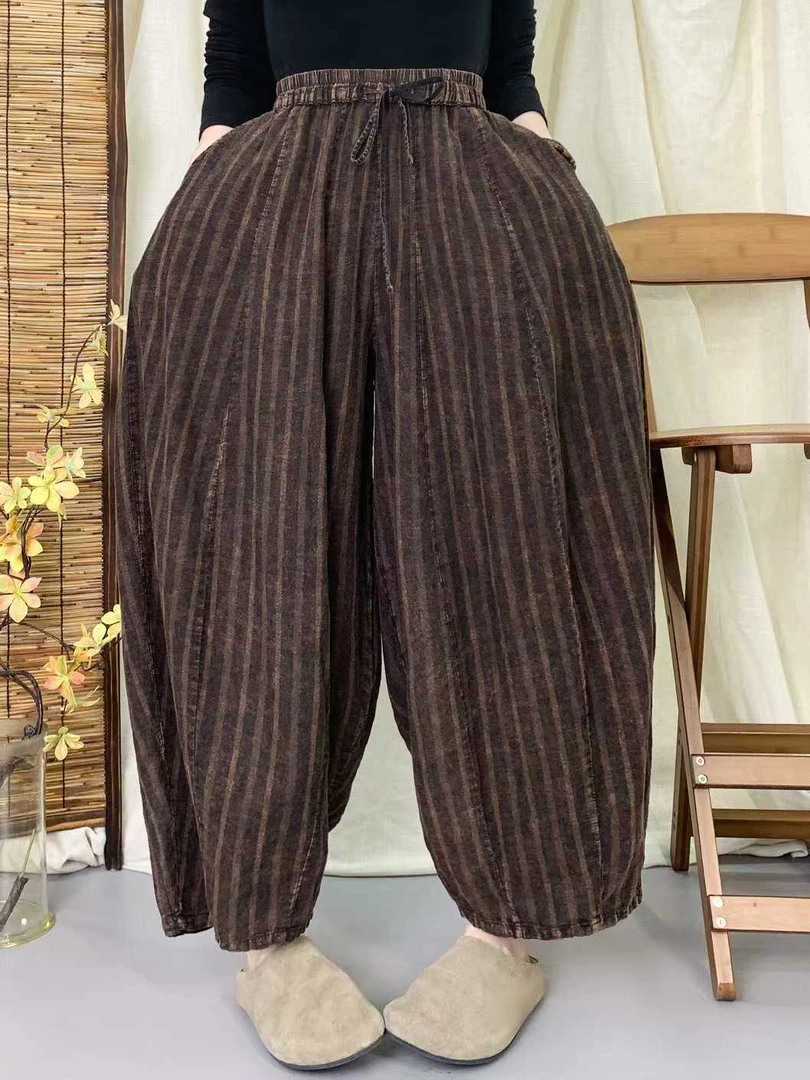 春季新款棉麻复古风条纹文艺休闲百搭显瘦宽松阔腿裤高腰南瓜裤女