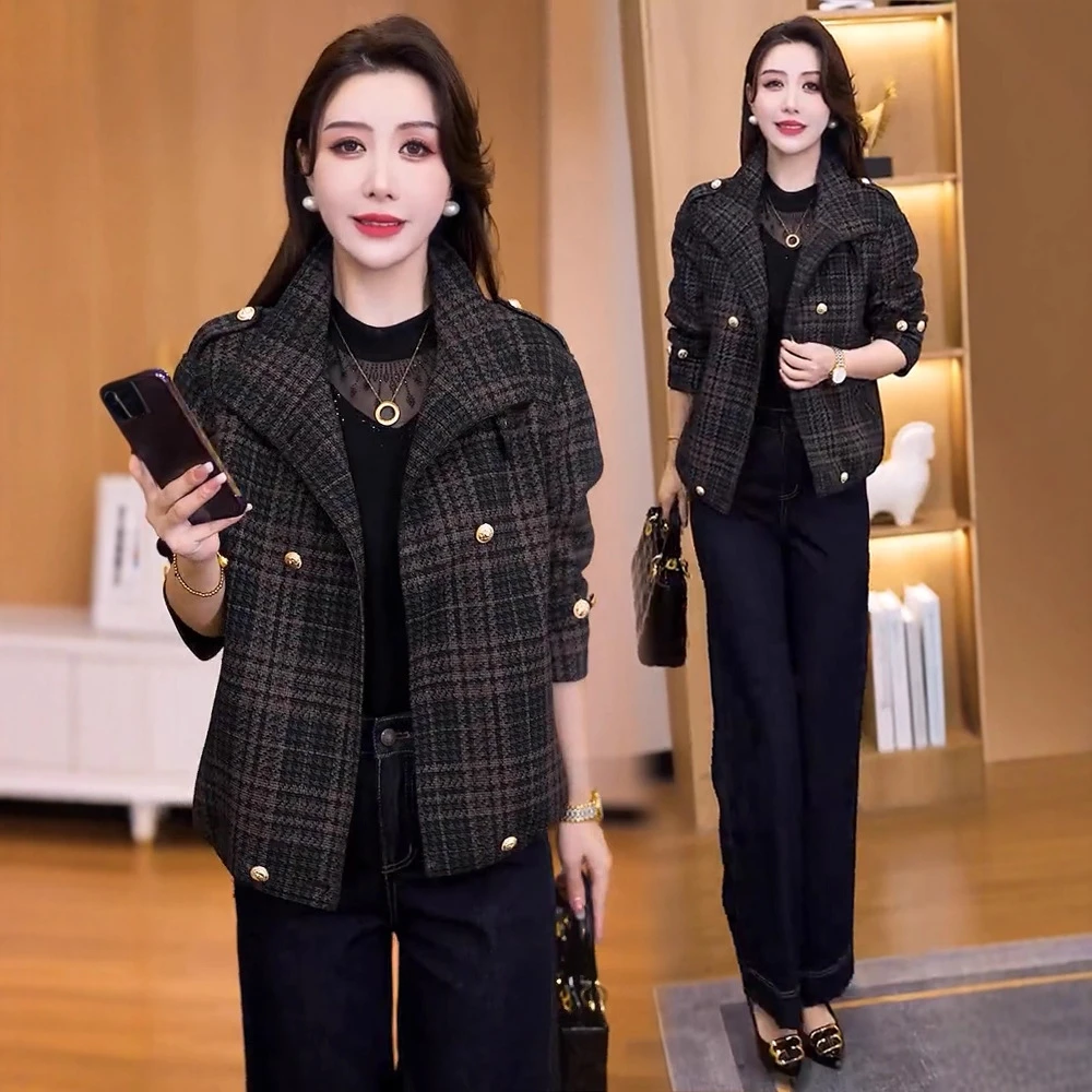 时尚格子长袖短外套女2025秋季新款洋气质显瘦小个子翻领夹克上衣
