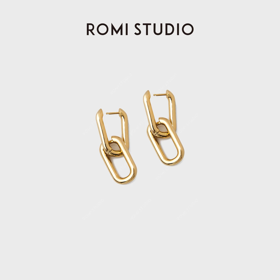 ROMI STUDIO 铜合金耳饰 金色双环耳饰椭圆形复古耳环RWCAP06692