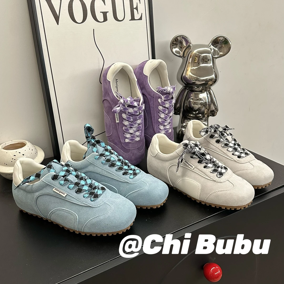 CHIBUBU春季莫兰迪复古高级感百搭真皮平底德训女鞋