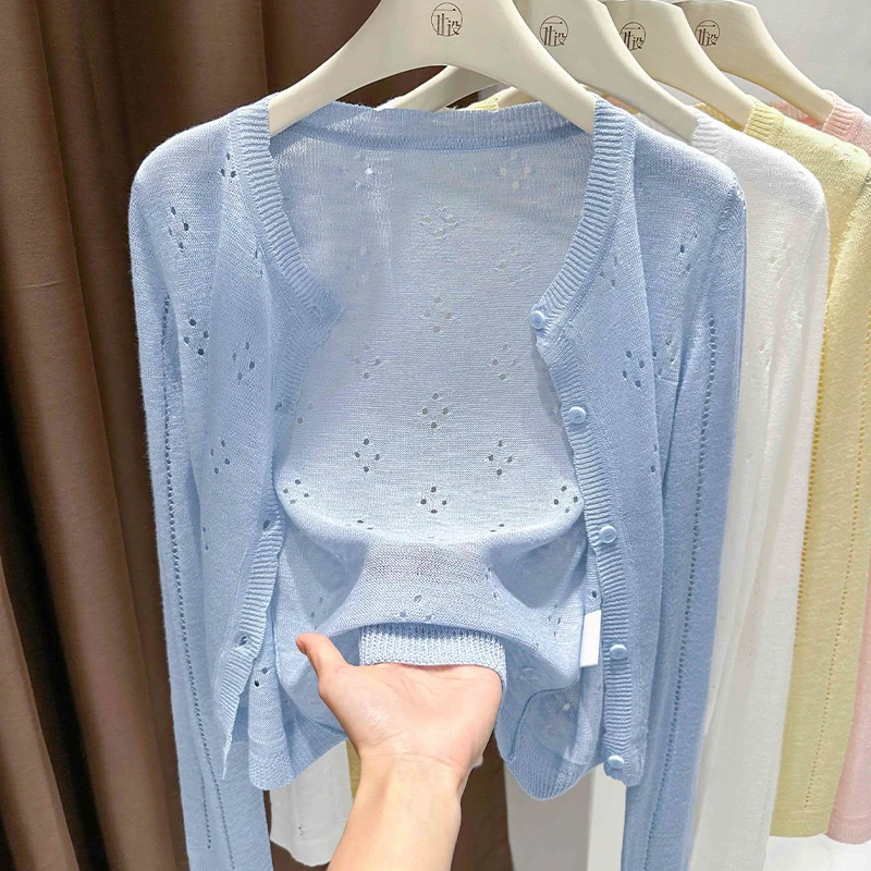清冷系薄款坎肩长袖圆领针织衫秋季新款镂空微透上衣百搭薄开衫