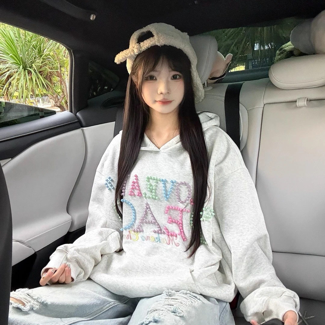 秋冬加绒加厚打底衫女韩版学院风长袖钉珠休闲纯棉懒惰风连帽卫衣