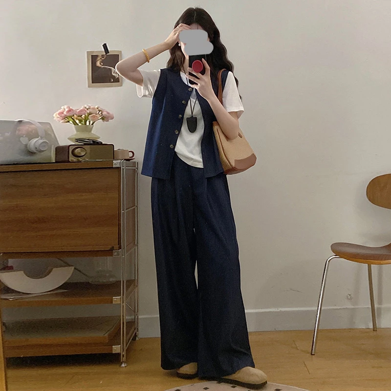 高级感复古牛仔马甲短袖T恤阔腿裤三件套复古女款马甲阔腿裤套装