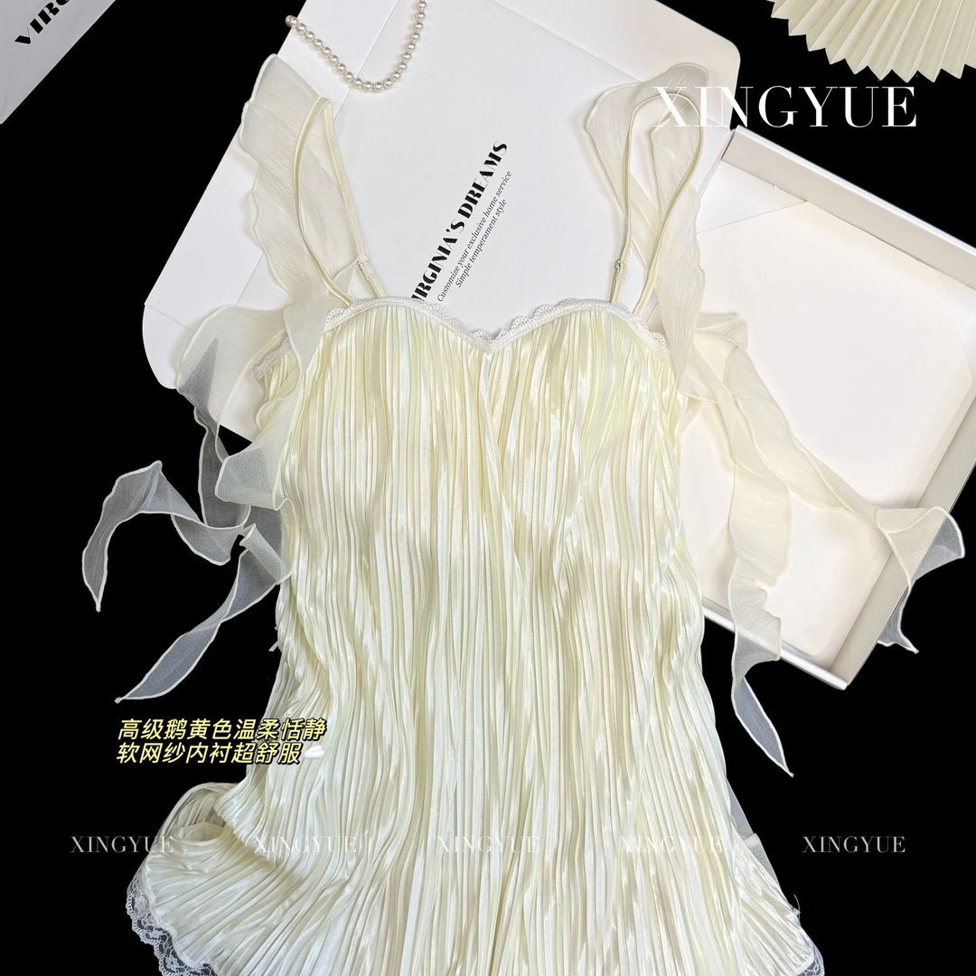 桃蹊新款睡裙女夏季气质性感纯欲风小众甜美褶皱设计感蕾丝吊带裙