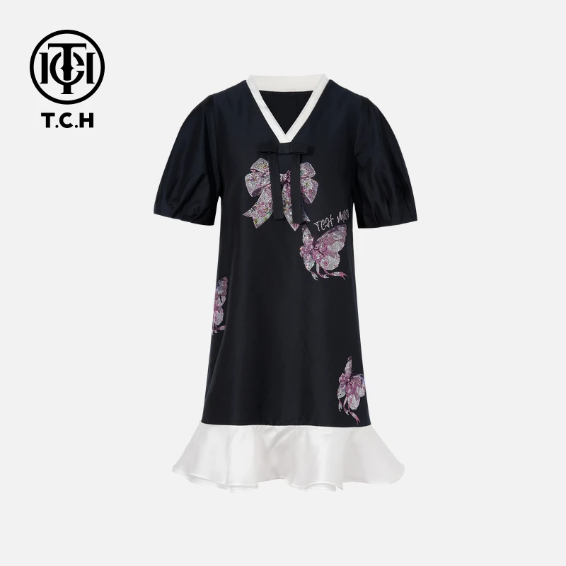 TCH私服秋款烫钻新时尚淑女百搭新潮流连衣裙T75C30E1013轻奢tch