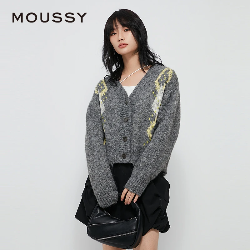 MOUSSY 复古撞色菱格毛衣V领针织开衫028HAZ70-1461