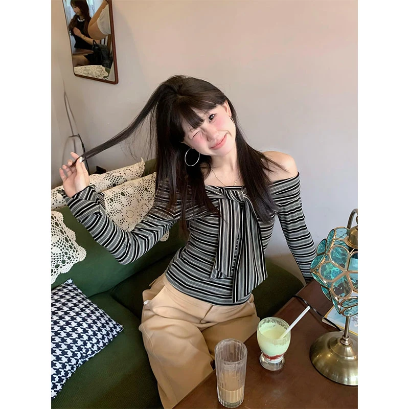 美式辣妹套装条纹绑带性感抹胸上衣女夏季拖地阔腿裤休闲裤两件套