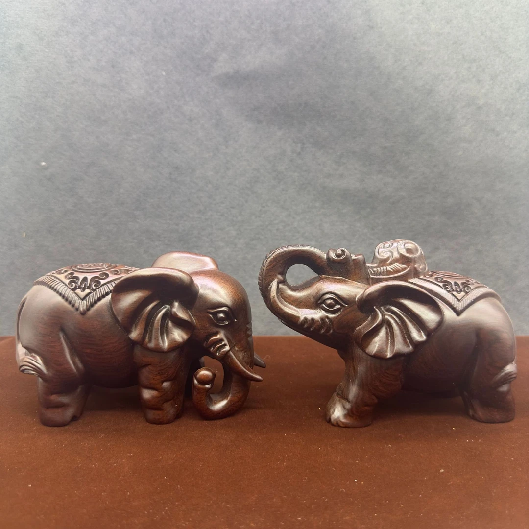 木雕刻大象摆件象实木一对大象鼻子朝上朝下家居客厅办公室装饰品