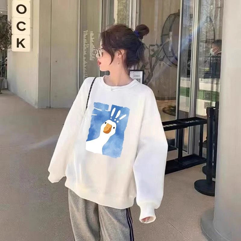 可爱大鹅白色圆领卫衣女2025新款爆款洋气打底衫时尚休闲无帽外套