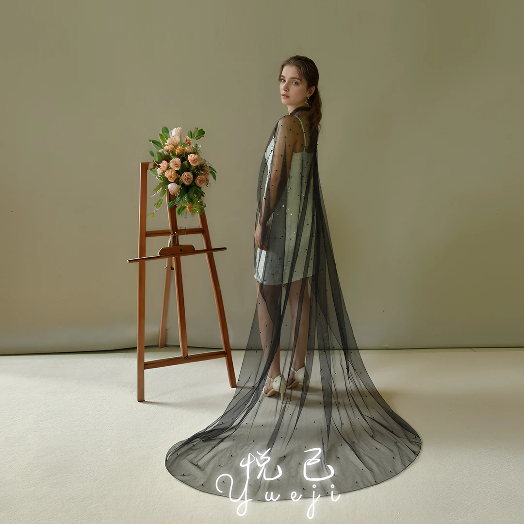 悦己黑色拖尾薄纱珍珠新娘披风万圣节主题派对特殊装扮道具G17A