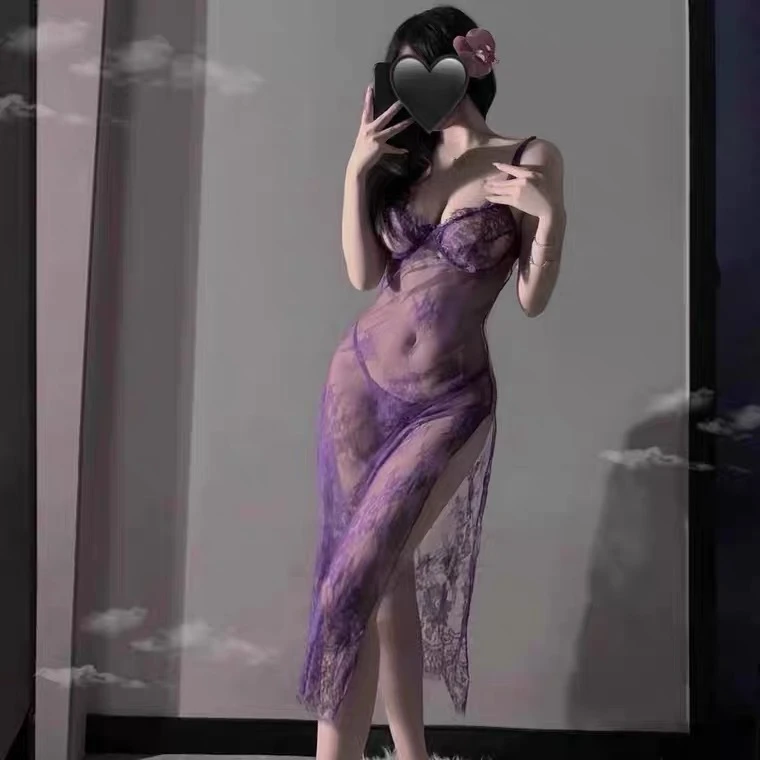 魔女性感开叉睡裙紫色吊带连衣裙纯欲蕾丝性感睡衣小胸女制服诱惑