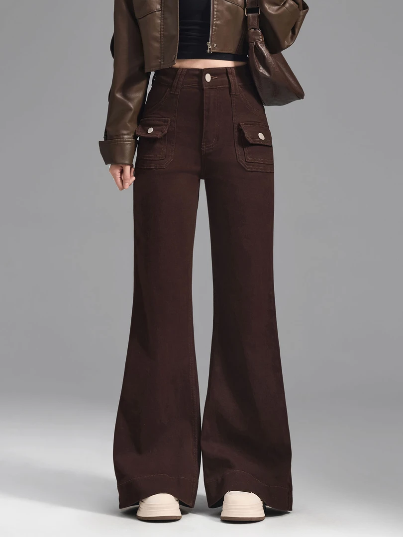 601咖色微喇牛仔裤女2025秋季新款高腰显瘦显腿长喇叭拖地长裤