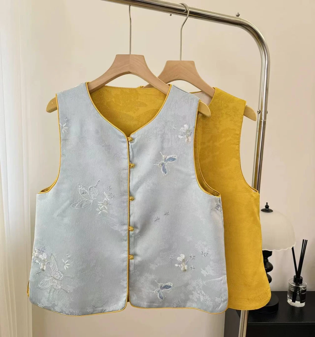 【淑蝶】双面双穿春季国风上衣马甲新中式立领绣花气质马夹外套女装