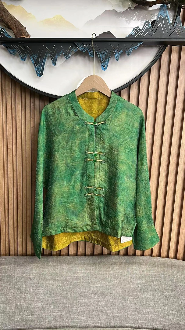 8848夏斜襟直下摆新中式短外套双面网红复古提花