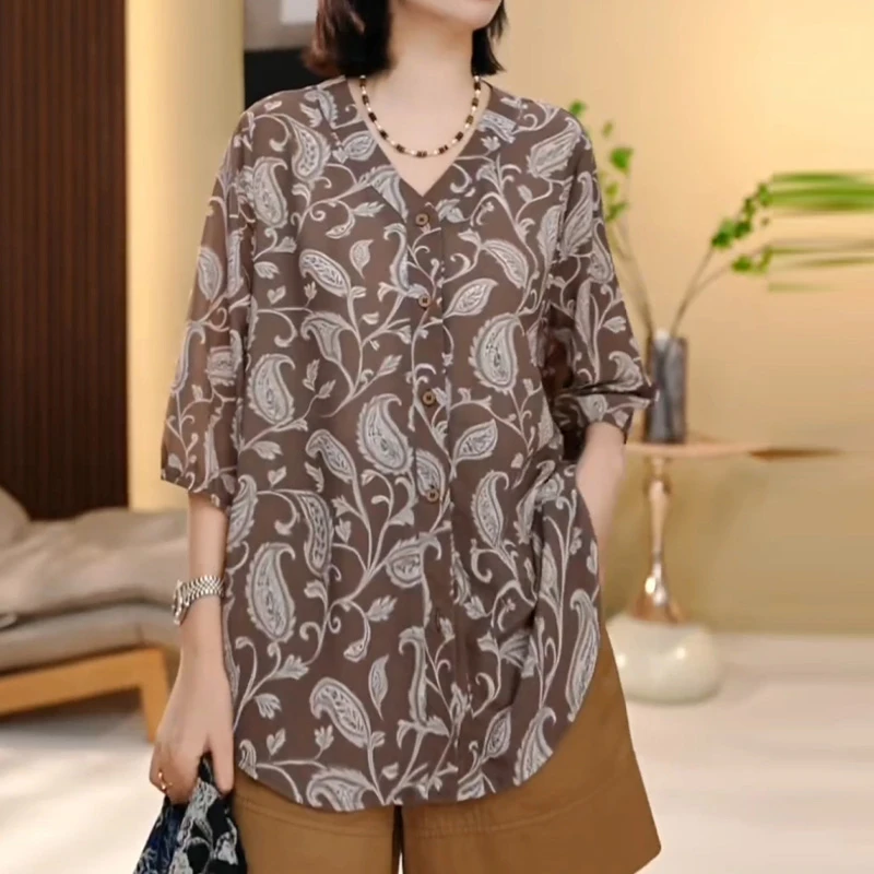 2025夏季新款时尚气质显瘦洋气设计感印花衬衫女宽松休闲百搭上衣