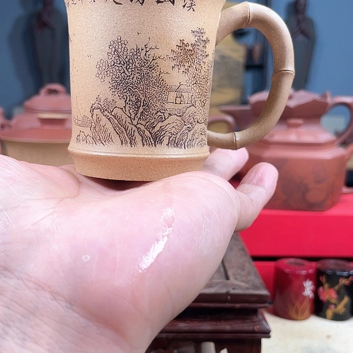 紫砂山水把杯口花泥