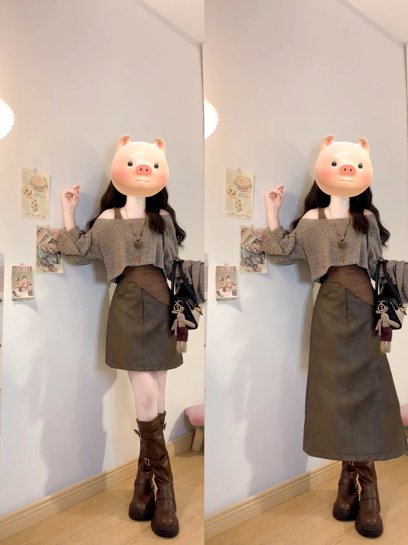 大码胖mm复古不规则吊带长袖罩衫女早秋时尚显瘦长短半身裙三件套