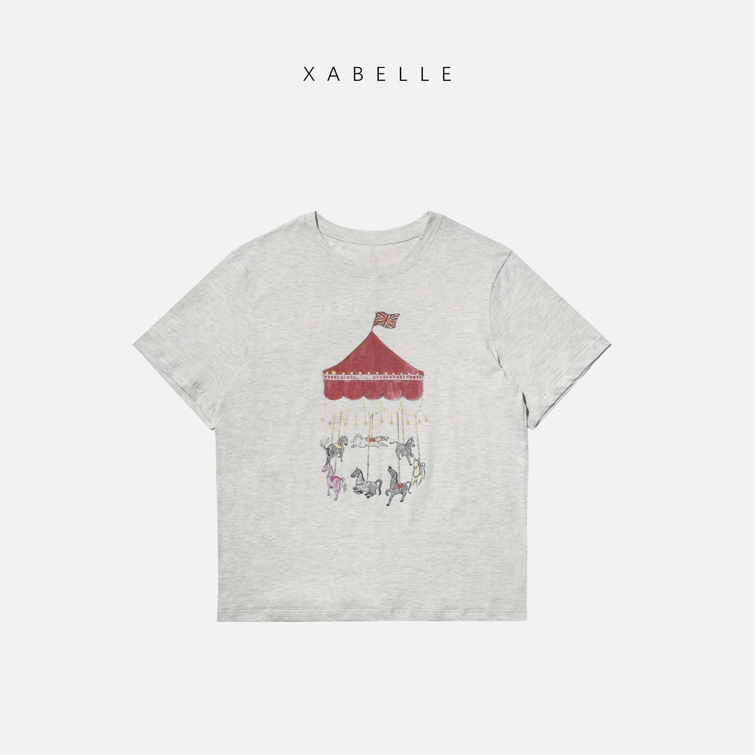 XABELLE 旋转木马T 25复古做旧 后缝线圆领美式印花T恤25014