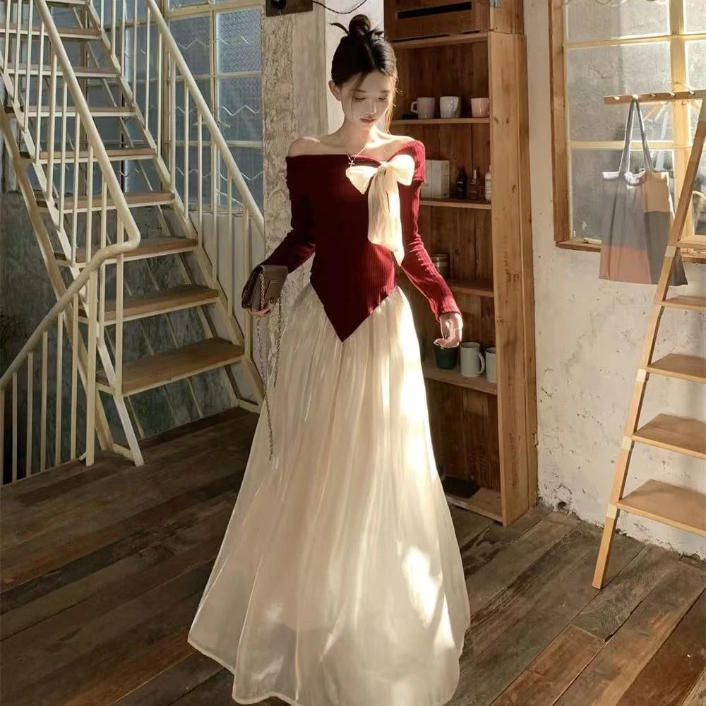 新年喜庆红时尚套装一字肩蝴蝶结长袖不规则针织衫高腰遮肉半身裙