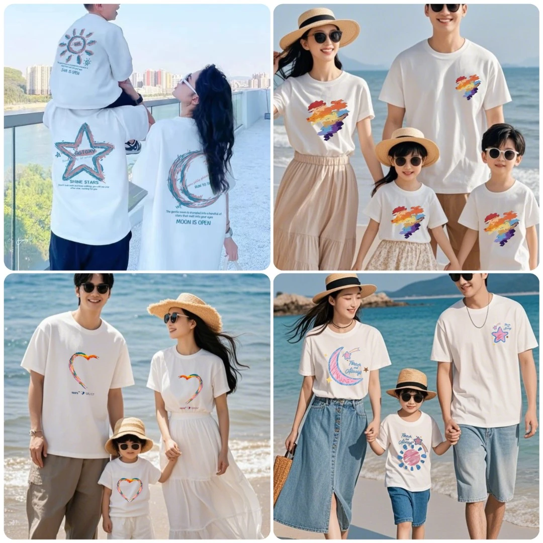 网红亲子装一家三口四口纯棉短袖T恤时尚圆领母女儿童装百搭半袖t