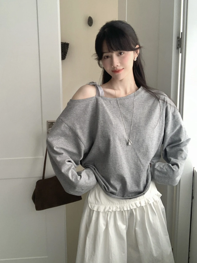 短款卫衣女长袖设计感高街穿搭显瘦韩版秋季灰色蕾丝系带露肩外套