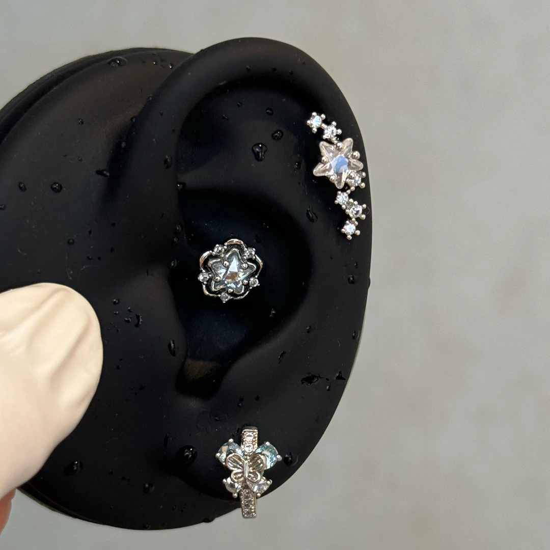 合金耳饰 Q318冰蓝蝴蝶带耳圈内直径10mm 甜美可爱蝴蝶结百搭精致