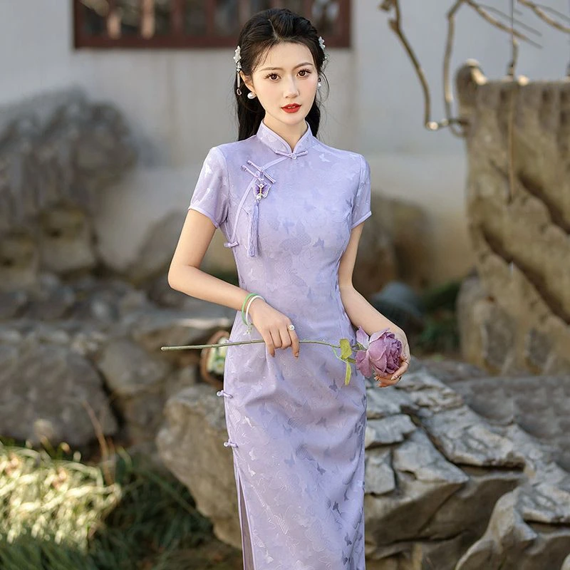 【店铺热销】紫色蕾丝国风中式长款旗袍2025新款年轻款女复古修身日