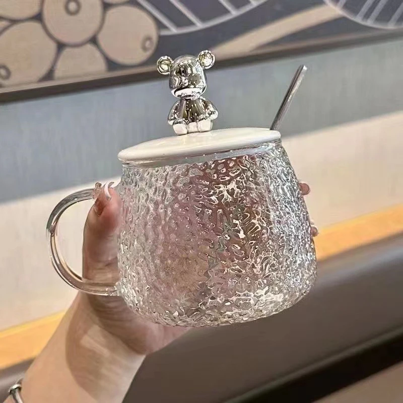 小熊杯ins高颜值花茶简约早餐玻璃带盖可爱马克大肚水杯