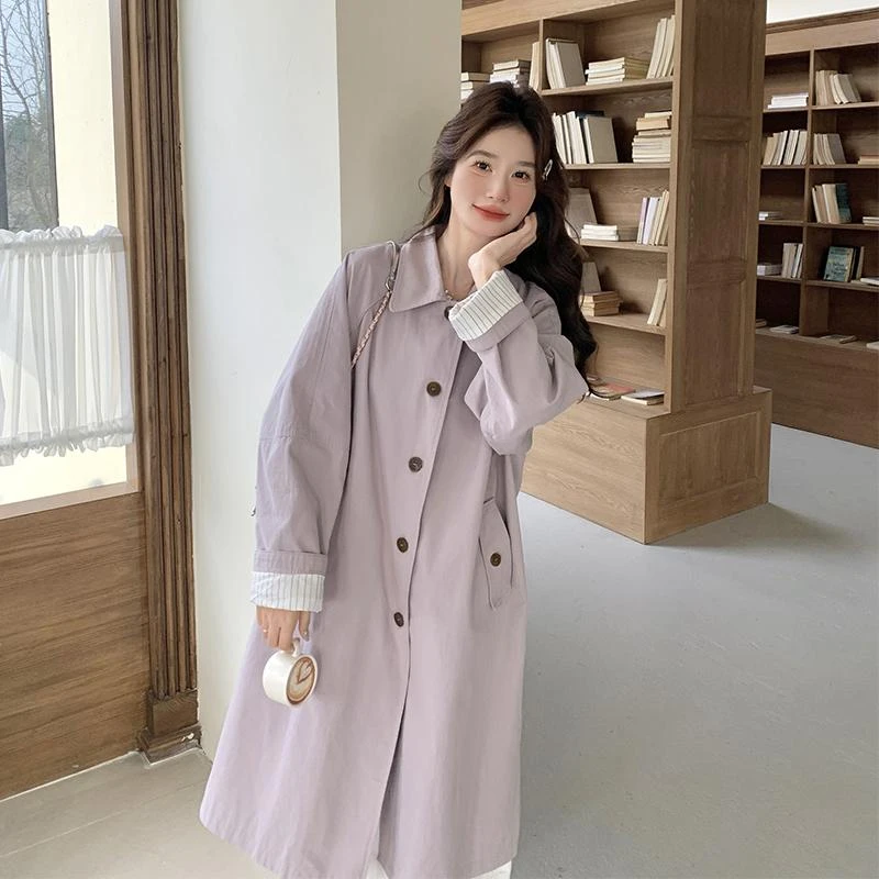 韩系减龄温柔风紫色风衣2025春季新款简约宽松休闲百搭外套中长款