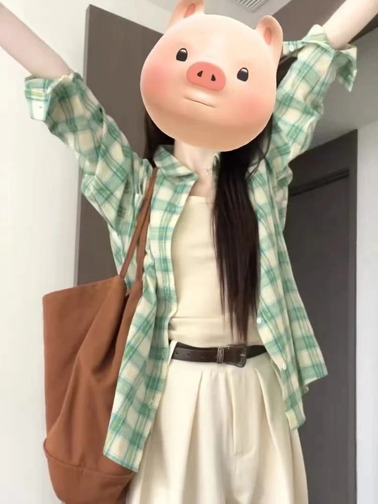日系少女文艺复古绿格子防晒衬衫女高级感显白外套春季新款