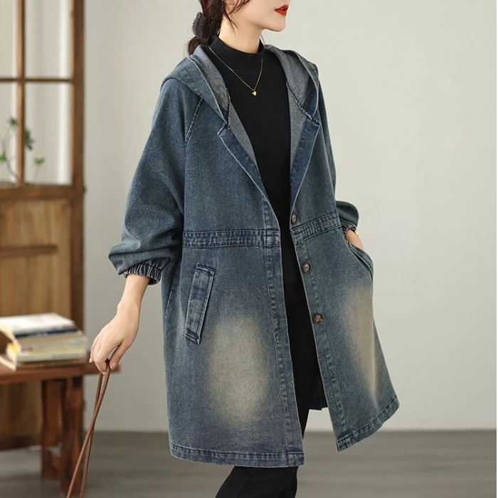 加肥加大设计感时尚百搭宽松大口袋连帽开衫中长款牛仔风衣外套潮